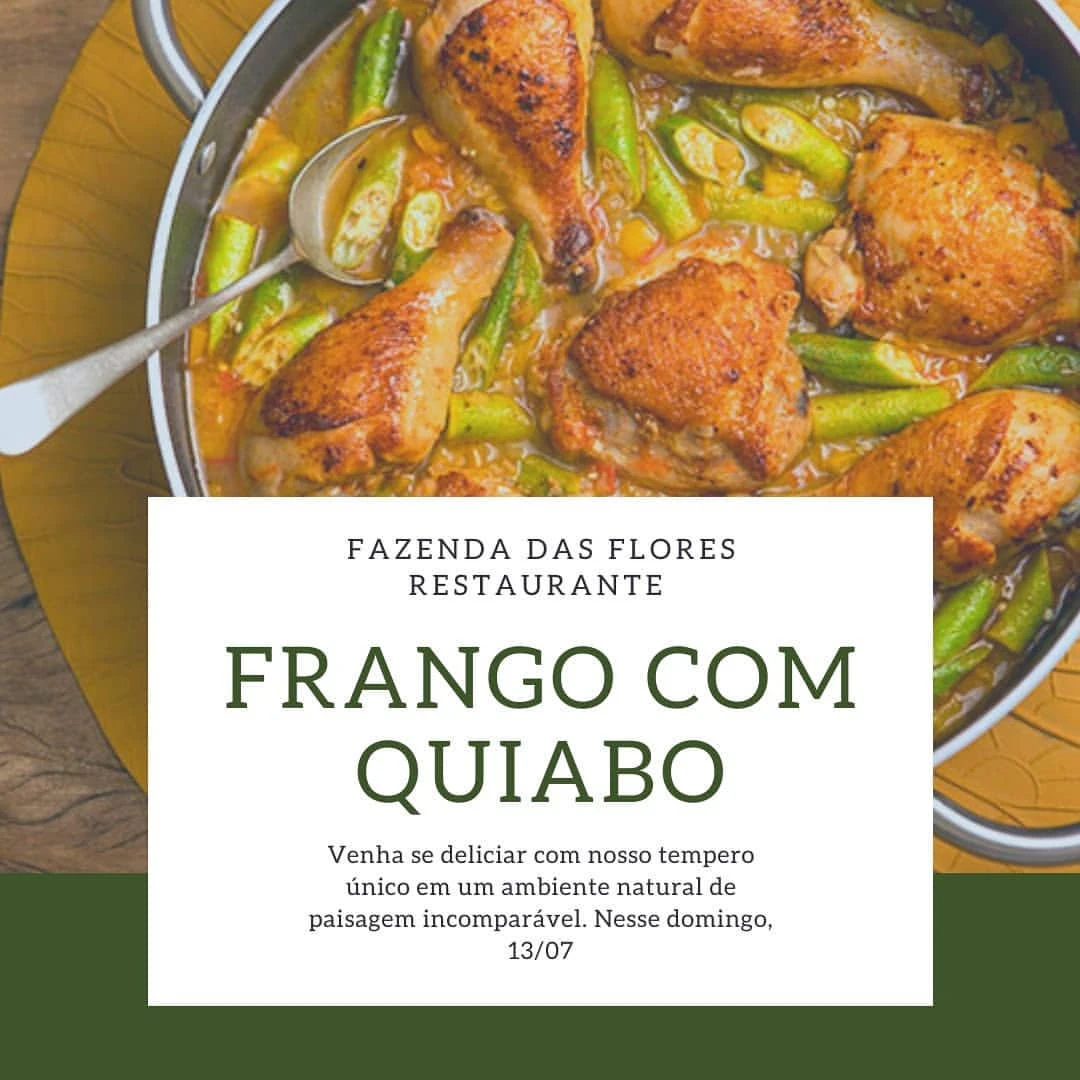 Amanhã serviremos nosso já tradicional frango caipira com quiabo. Traga sua melhor companhia e venha almoçar conosco essa delícia mineira em frente a mais linda natureza. Experimente também nosso novo cardápio de porções. Restaurante Fazenda das Flores, um oásis dentro da cidade! Fone: 37 999462445